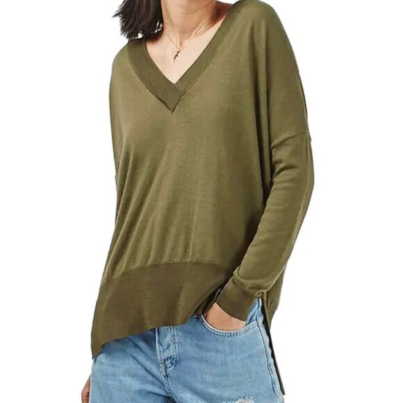 Topshop Womens Sweater Size 4 Olive Green V Neck Lightweight Slouchy FLAW - Picture 1 of 8